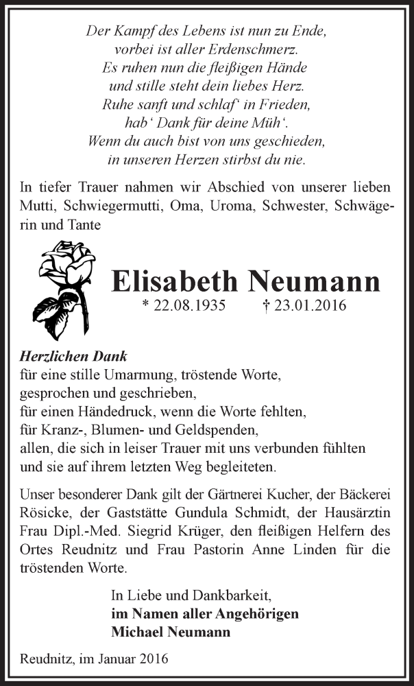  Traueranzeige für Elisabeth Neumann vom 12.02.2016 aus Märkische Oderzeitung