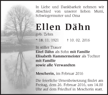 Traueranzeige von Ellen Dähn von Märkische Oderzeitung