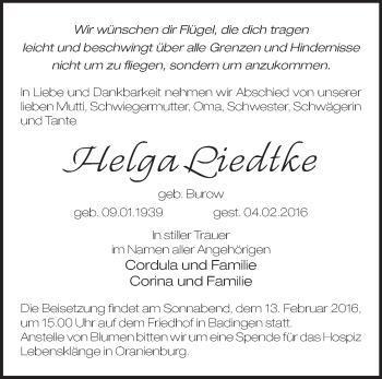 Traueranzeige von Helga Liedtke von Märkische Oderzeitung