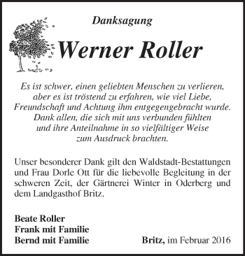 Traueranzeige von Werner Roller von Märkische Oderzeitung