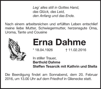 Traueranzeige von Erna Dahme von Märkische Oderzeitung