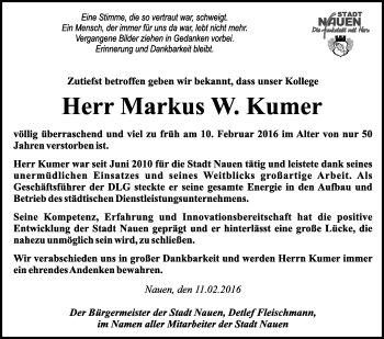 Traueranzeige von Markus Kumer von Märkische Oderzeitung