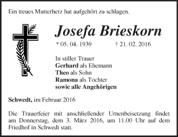 Traueranzeige von Josefa Brieskorn von Märkische Oderzeitung