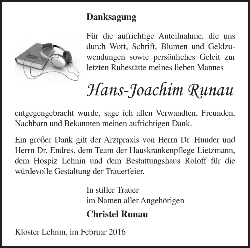  Traueranzeige für Hans-Joachim Runau vom 17.02.2016 aus Märkische Oderzeitung