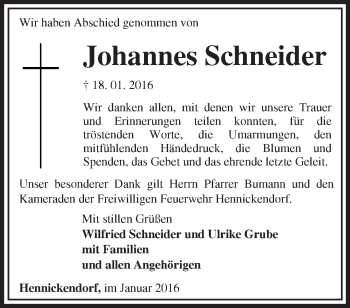 Traueranzeige von Johannes Schneider von Märkische Oderzeitung