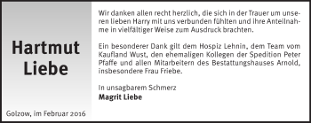 Traueranzeige von Hartmut Liebe von Märkische Oderzeitung