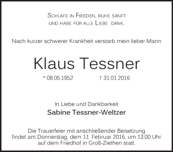 Traueranzeige von Klaus Tessner von Märkische Oderzeitung