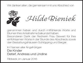 Traueranzeige von Hilde Bieniek von Märkische Oderzeitung