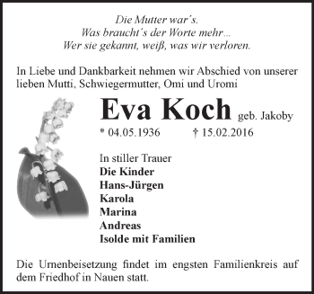 Traueranzeige von Eva Koch von Märkische Oderzeitung