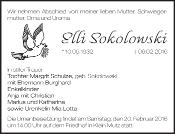 Traueranzeige von Elli Sokolowski von Märkische Oderzeitung