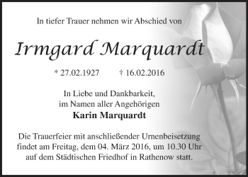 Traueranzeige von Irmgard Marquardt von Märkische Oderzeitung