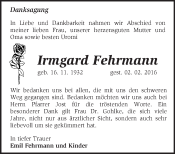 Traueranzeige von Irmgard Fehrmann von Märkische Oderzeitung