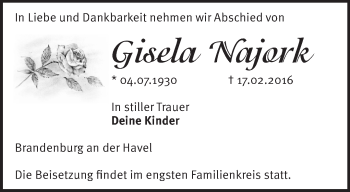 Traueranzeige von Gisela Najork von Märkische Oderzeitung