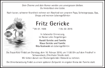 Traueranzeige von Fritz Gericke von Märkische Oderzeitung