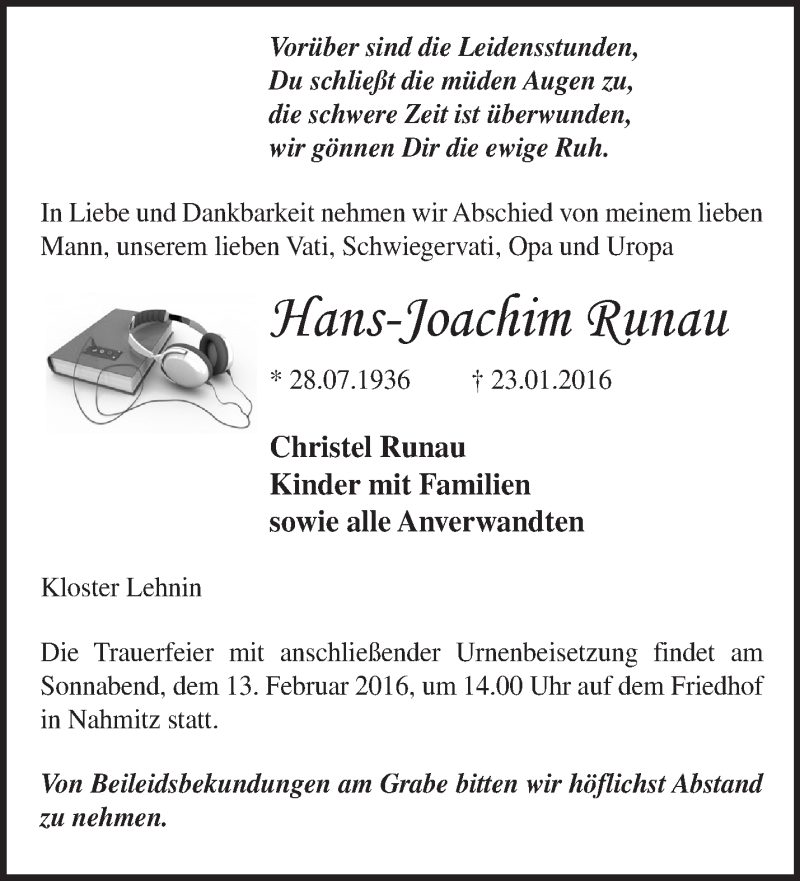  Traueranzeige für Hans-Joachim Runau vom 07.02.2016 aus Märkische Oderzeitung
