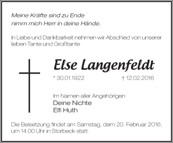 Traueranzeige von Else Langenfeldt von Märkische Oderzeitung