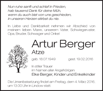 Traueranzeige von Artur Berger von Märkische Oderzeitung