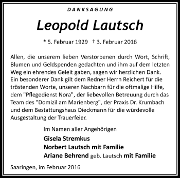 Traueranzeige von Leopold Lautsch von Märkische Oderzeitung