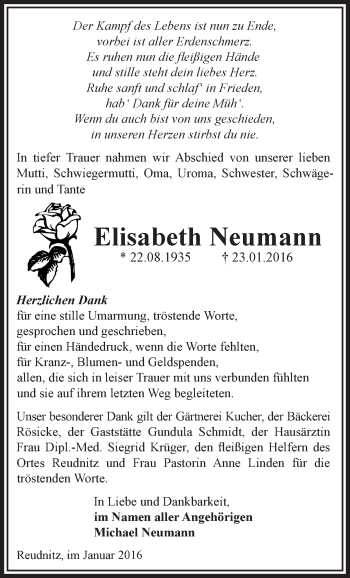 Traueranzeige von Elisabeth Neumann von Märkische Oderzeitung