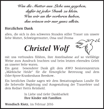 Traueranzeige von Christel Wolf von Märkische Oderzeitung