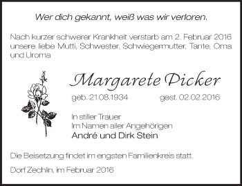 Traueranzeige von Margarete Picker von Märkische Oderzeitung