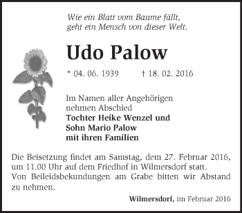 Traueranzeige von Udo Palow von Märkische Oderzeitung