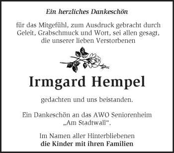 Traueranzeige von Irmgard Hempel von Märkische Oderzeitung