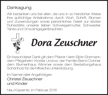 Traueranzeige von Dora Zeuschner von Märkische Oderzeitung