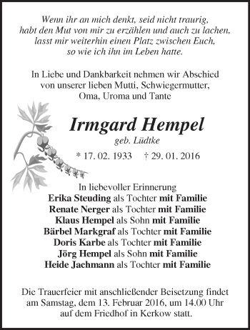 Traueranzeige von Irmgard Hempel von Märkische Oderzeitung