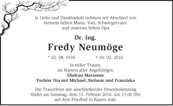 Traueranzeige von Fredy Neumöge von Märkische Oderzeitung