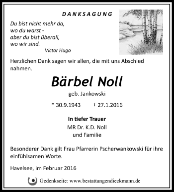 Traueranzeige von Bärbel Noll von Märkische Oderzeitung