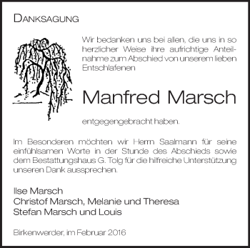 Traueranzeige von Manfred Marsch von Märkische Oderzeitung