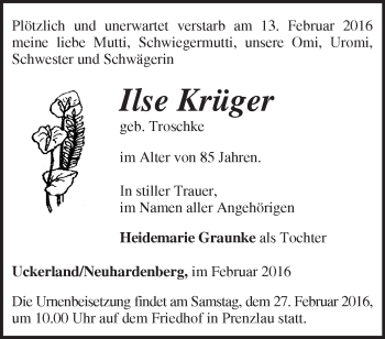 Traueranzeige von Ilse Krüger von Märkische Oderzeitung