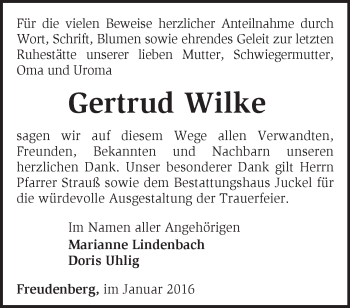 Traueranzeige von Gertrud Wilke von Märkische Oderzeitung