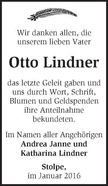 Traueranzeige von Otto  Lindner von Märkische Oderzeitung