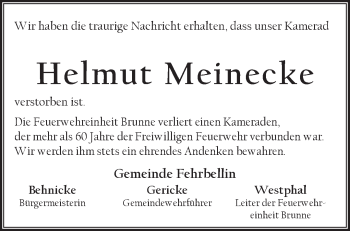 Traueranzeige von Helmut Meinecke von Märkische Oderzeitung