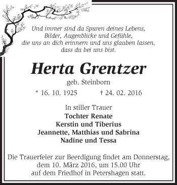 Traueranzeige von Herta Grentzer von Märkische Oderzeitung