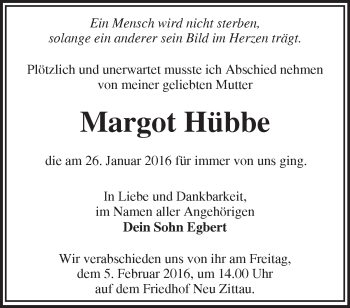 Traueranzeige von Margot Hübbe von Märkische Oderzeitung