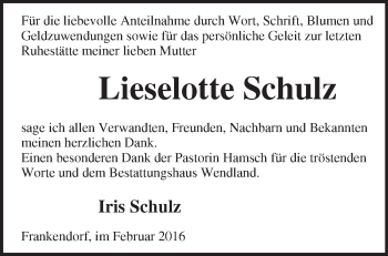 Traueranzeige von Lieselotte Schulz von Märkische Oderzeitung