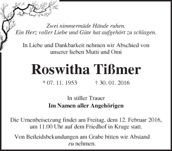 Traueranzeige von Roswitha Tißmer von Märkische Oderzeitung