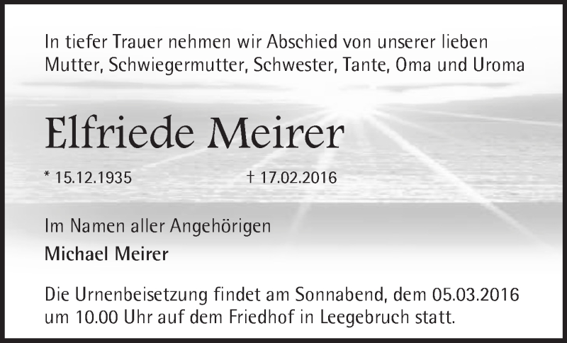  Traueranzeige für Elfriede Meirer vom 27.02.2016 aus Märkische Oderzeitung