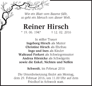 Traueranzeige von Reiner Hirsch von Märkische Oderzeitung