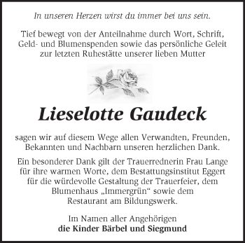 Traueranzeige von Lieselotte Gaudeck von Märkische Oderzeitung