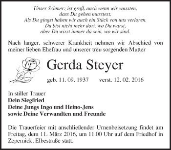 Traueranzeige von Gerda Steyer von Märkische Oderzeitung