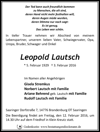 Traueranzeige von Leopold Lautsch von Märkische Oderzeitung