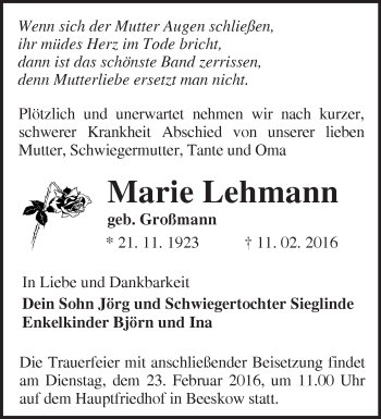 Traueranzeige von Marie Lehmann von Märkische Oderzeitung