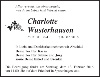 Traueranzeige von Charlotte Wusterhausen von Märkische Oderzeitung