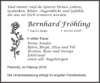 Traueranzeige von Bernhard Fröhling von Märkische Oderzeitung