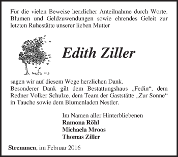 Traueranzeige von Edith Ziller von Märkische Oderzeitung