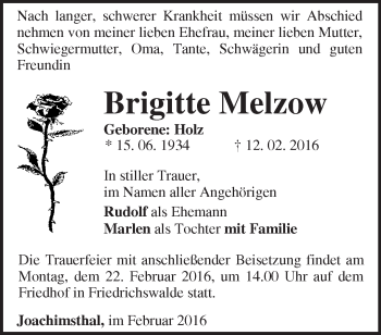 Traueranzeige von Brigitte Melzow von Märkische Oderzeitung